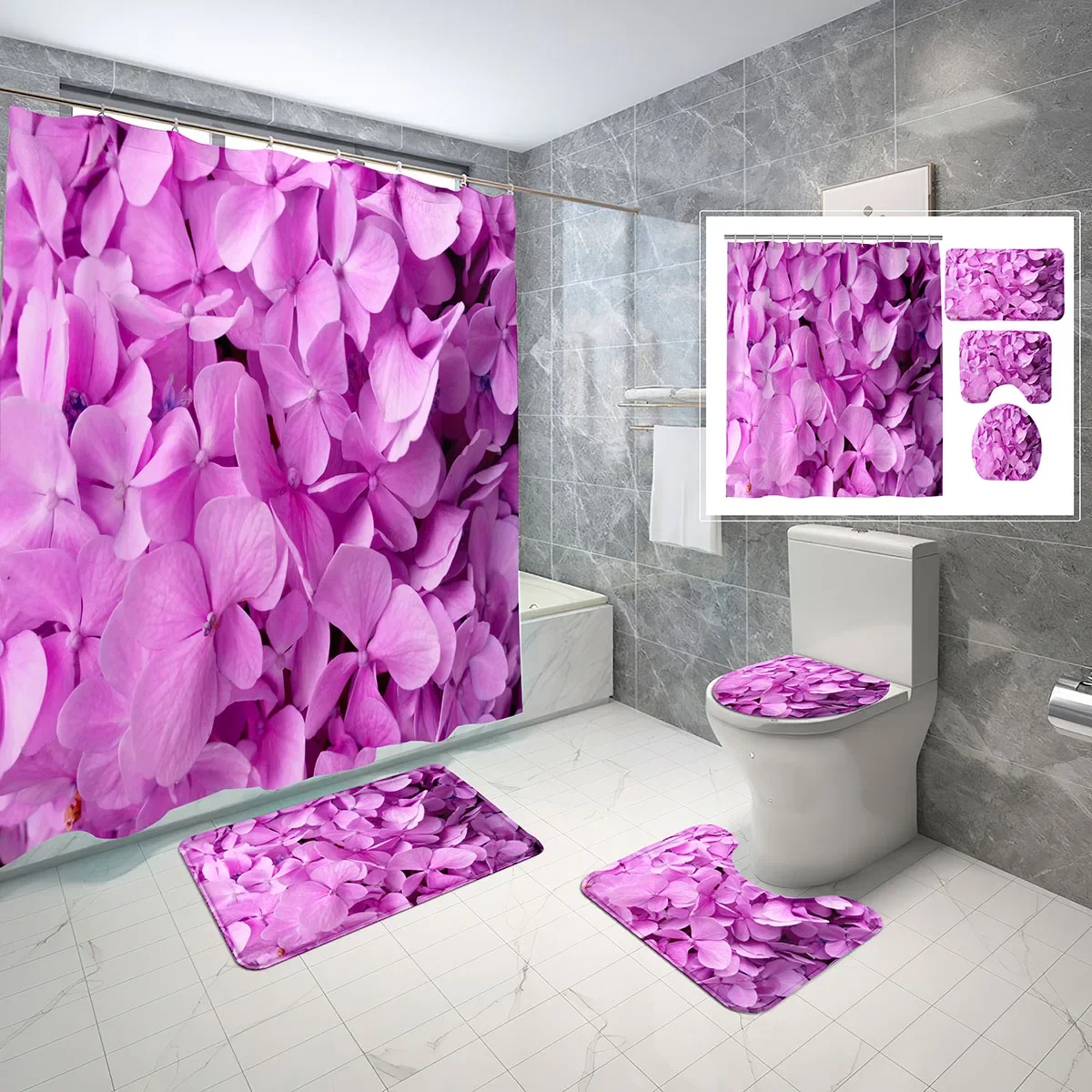 4 PCS Petal Shower Curtain Sets,Simple Red Pink Petals Flowers Leaves Waterproof Bath Curtain,Non-Slip Bath Mat Toilet Cover Set