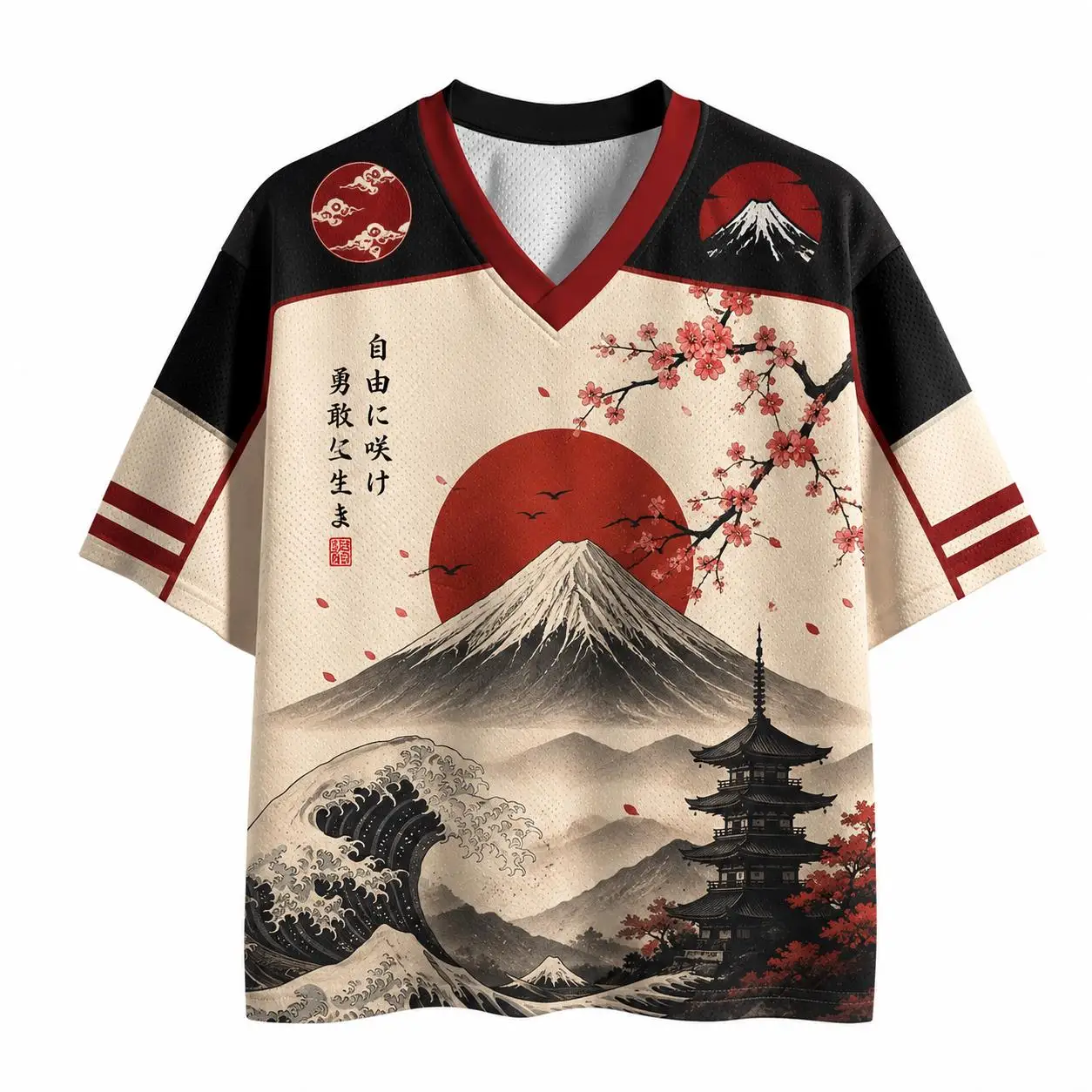 2026 Summer Fashion Retro Red Sun Cherry Blossom Fuji Mountain 3D Printing Outdoor Leisure Sports Fitness V-neck T-shirt Large