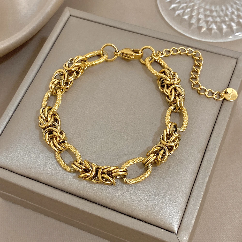 

DODOHAO Punk Gold Color Stainless Steel Bracelet for Women Retro Irregular Chunky Chain Wide Bracelet Bangle Waterproof Jewelry