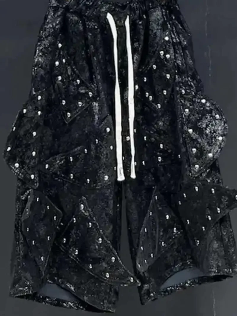 Men's Leather PU Shorts Summer High Waist Loose Streetwear Drawstring Outdoor Male Straight Leg Six Split Pants New XSD4