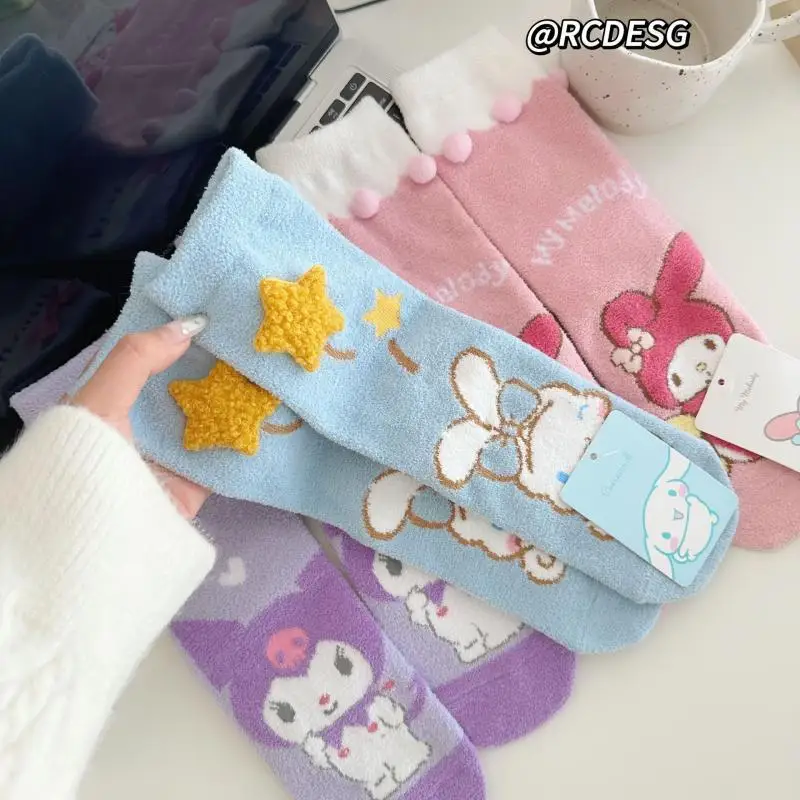 hot Sanrios Winter Style Coral Fleece Female Medium Socks Kawaii Kuromi Cartoon Anti-Odor Thicken Cotton Socks Household Items