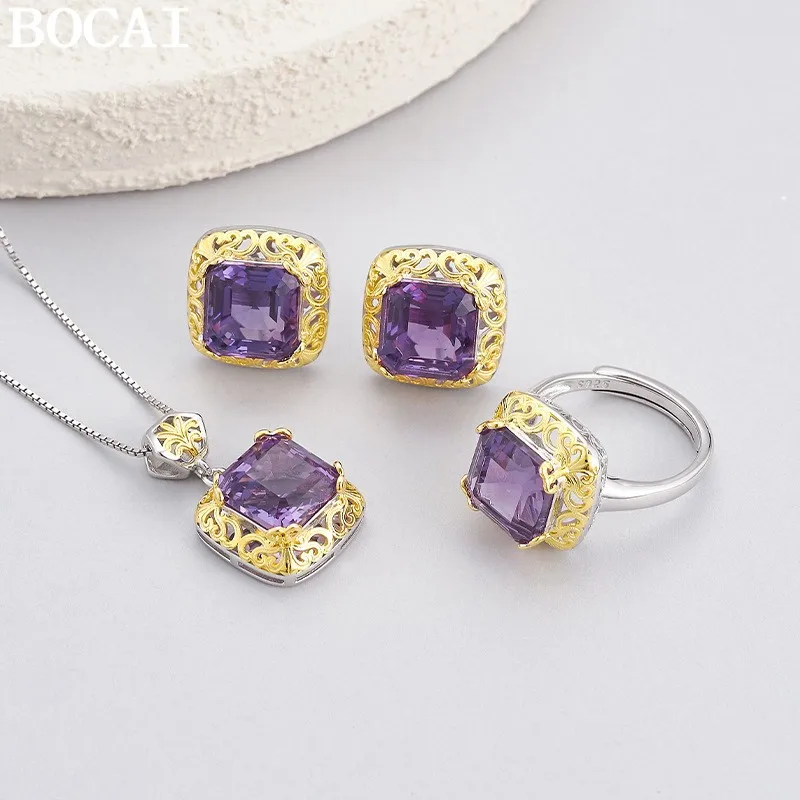 BOCAI New S925 Silver Jewelry-Sets for Women Palace Style Plated Gold Tangent Plane Amethyst Earrings Pendant Ring  Jewelry
