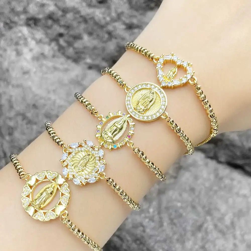 سوار مطلي بالذهب للنساء ، أساور ماري العذراء ، قلب كريستال زركونيا ، سوار غوادالوبي ، مجوهرات تميمة ، Brtf28