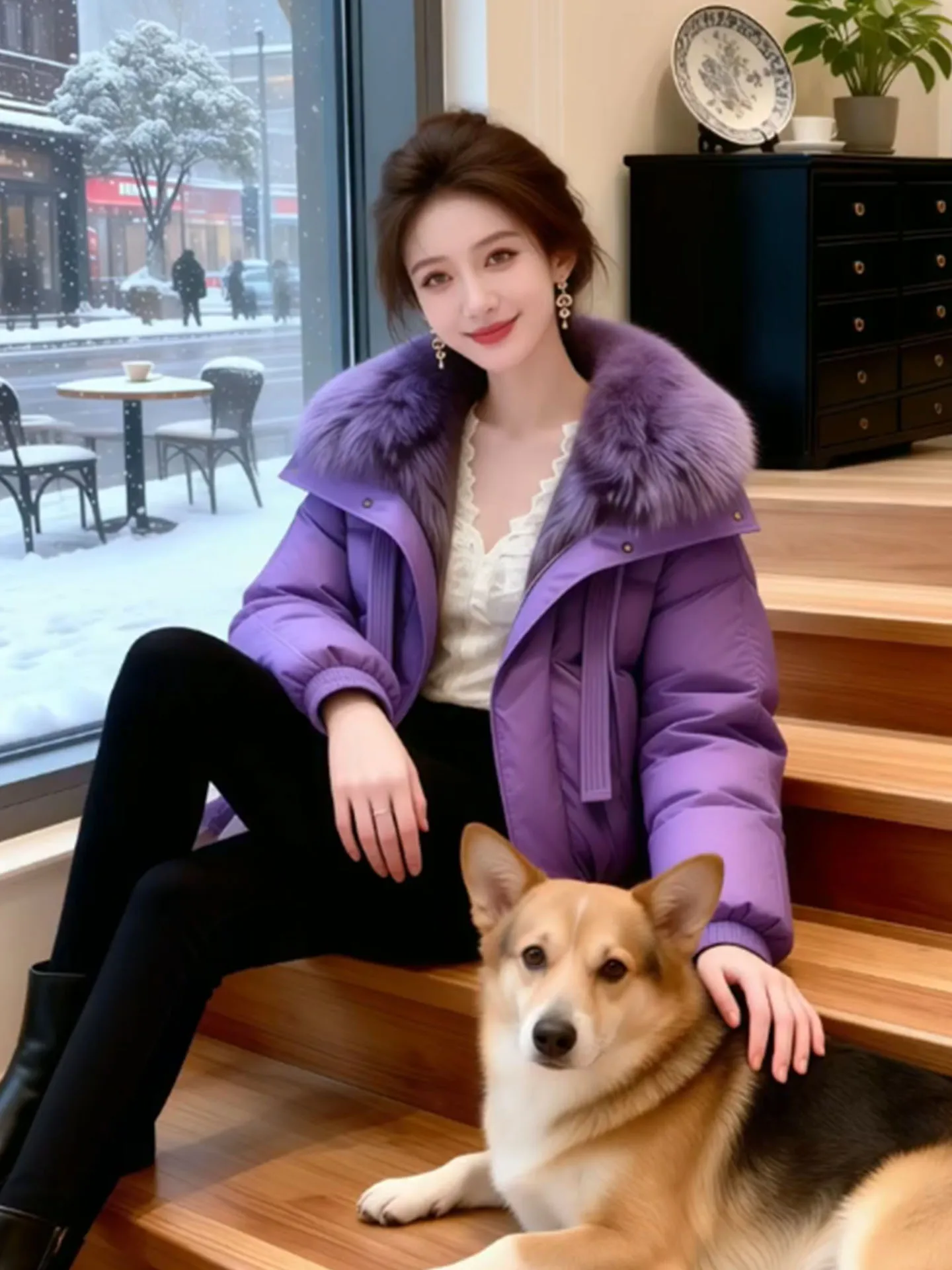   Chaqueta de Plumón Morada para Mujer con Cuello de Piel Auténtica, Cálida, Estilo Coreano, para Ir al Trabajo, a la Moda, de Cintura Alta