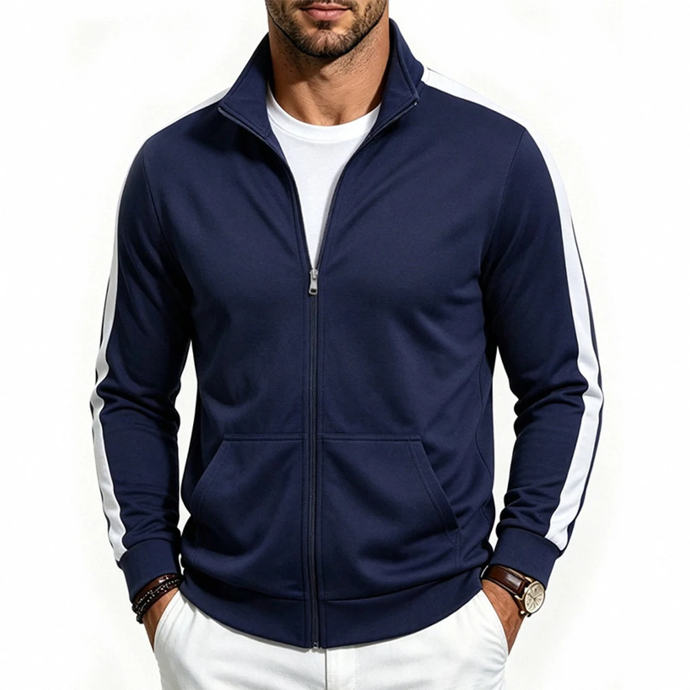 Men's Polyester Jacket Long Sleeve Casual Sporty Stand Collar Outerwear for Daily Fitness Use Multiple Color Options
