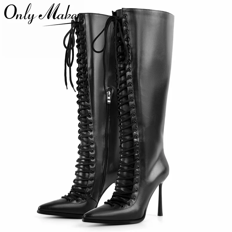 Onlymaker Pointed Toe Lace Up Faux Leather Knee-high Boots Thin Heel Side Zipper Fashion Elegant Boots