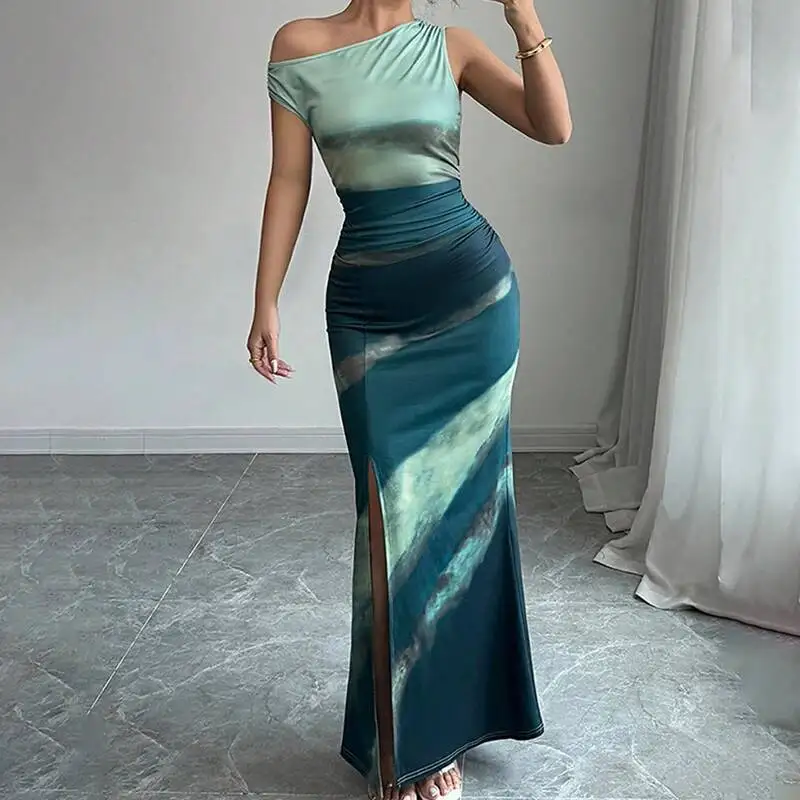 

Модное женское летнее сексуальное облегающее длинное платье с разрезом на бедрах, элегантное тонкое платье макси с открытыми плечами