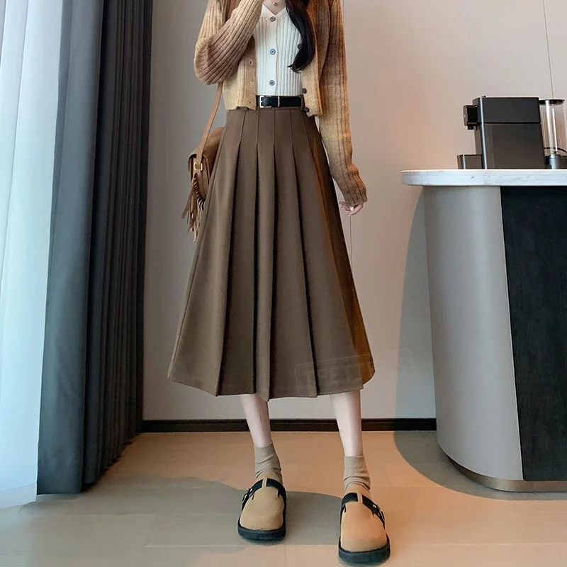 TFETTERS Korean Vintage Gray Wool Pleated Mid Skirt High Waist Swing Long Skirt Autumn Winter JK School Daily Office Streetwear