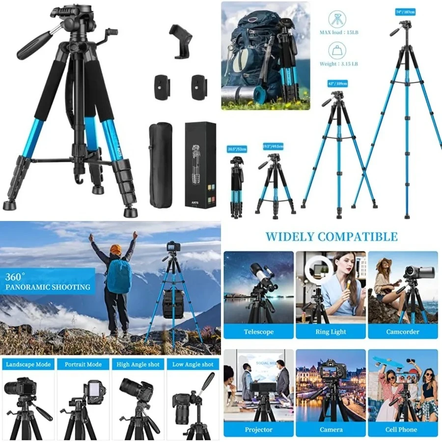 

Tripod Camera Tripods, 74" Tripod for Camera Cell Phone Video Recording, Heavy Duty Tall Camera Tripod Stand, Professional Travel DSLR Tripods Compatible with Canon iPhone, Max Load 15 LB