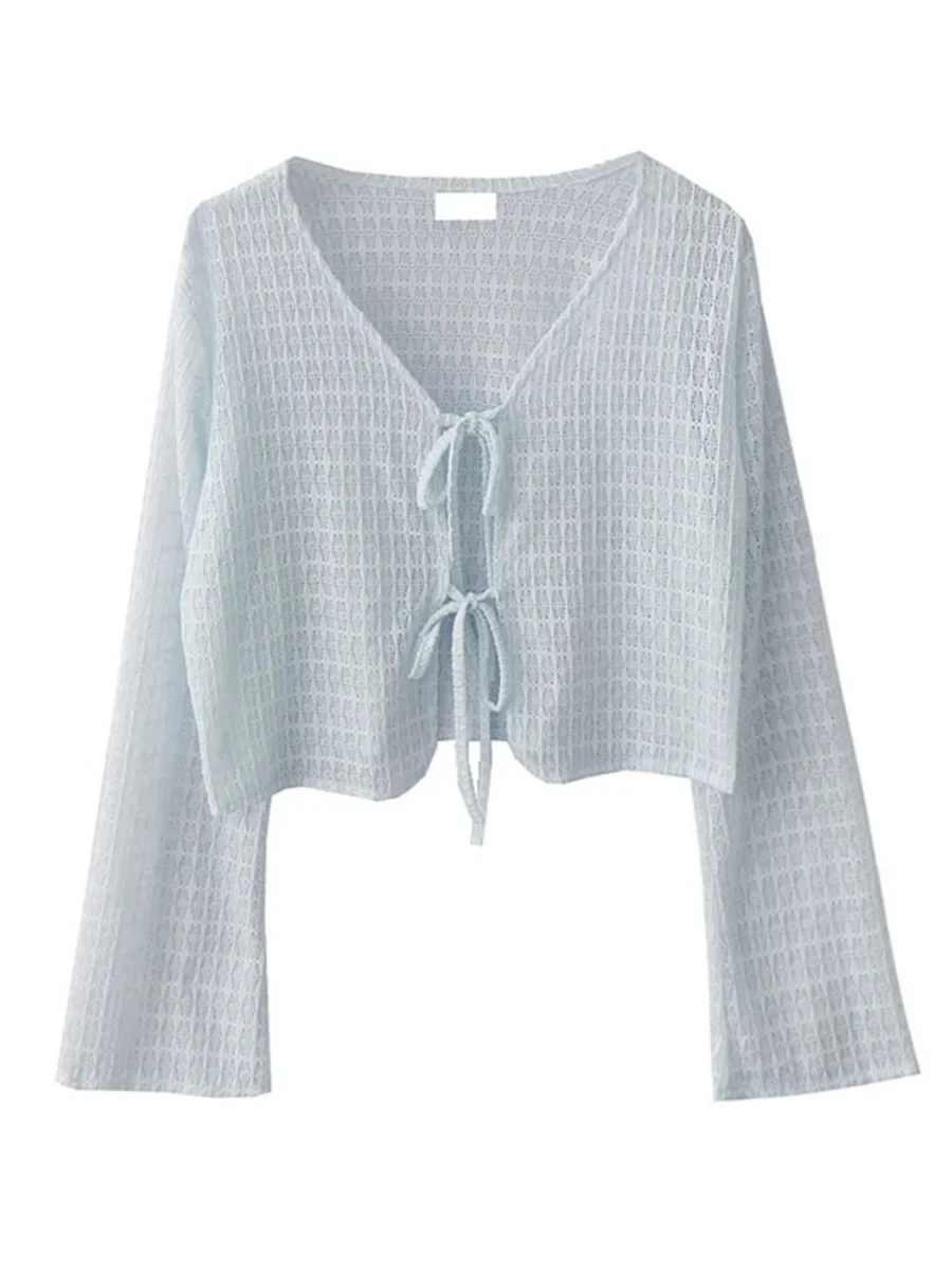 Korean Lightweight Summer Shirts Knitted Ice Silk Long Sleeved Open Cardigan Women's Plus Size Cover Up Sun Protection Blouse