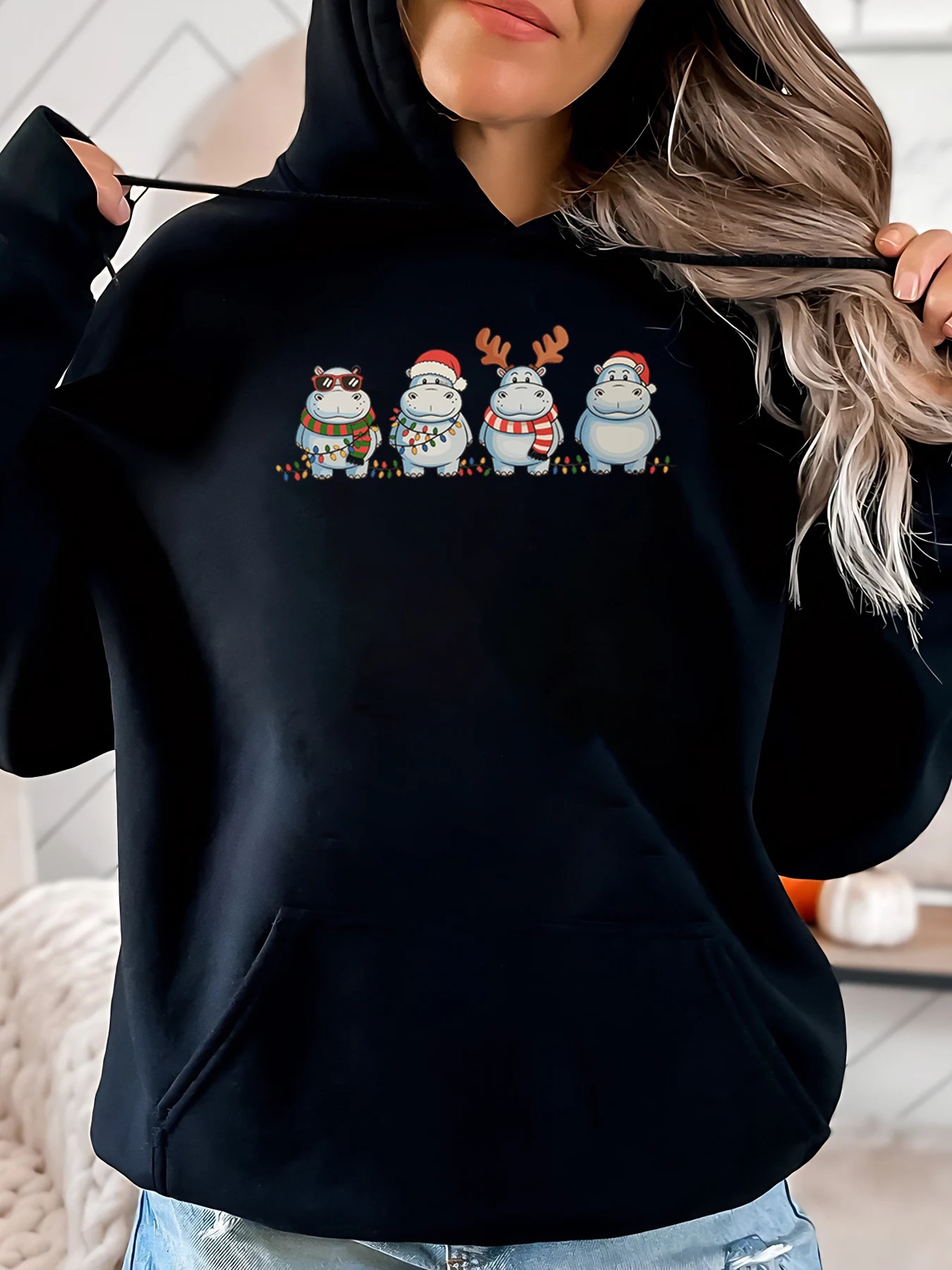 

Christmas Hippos Holiday Print Hoodie Women Casual Winter Outfit Black Plus-Size