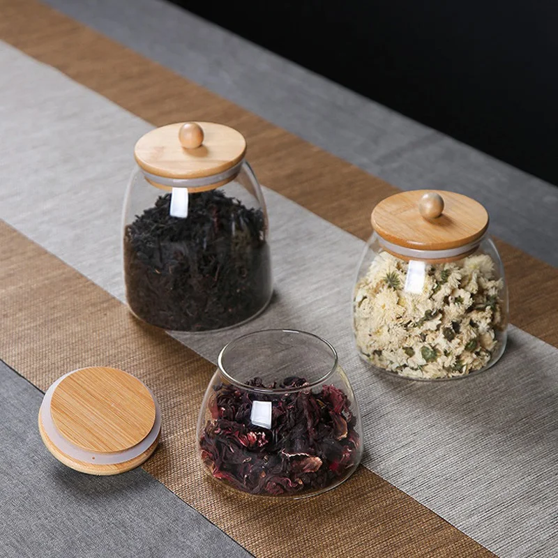 

Sealed Glass Jar Food Storage Container with Wood Lid Spice Jar Dried Fruit Flower Sealed Storage Jar Kitchen Seasoning Bottle