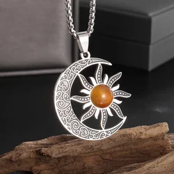 Witch Moon Sun Pendant Stainless Steel Stone Mystical Luna Crescent Witchcraft Necklace Men Women Fashion Jewelry