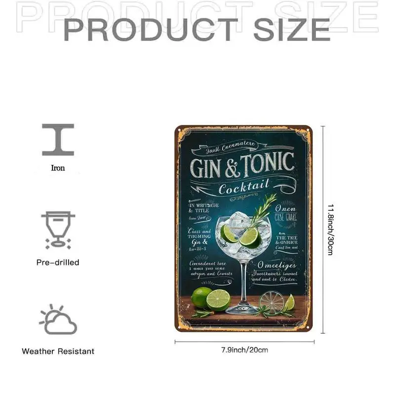 Retro Gin Tonic Cocktail Themed Metal Plaque, 2D Flat Design, Pre-drilled for Easy Hanging, Ideal for Bar, Kitchen, Garden, Home
