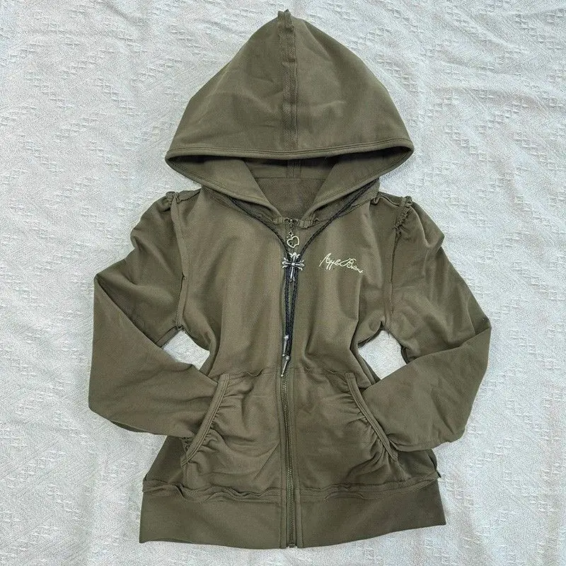 2025 New Retro Slim Slim Olive Green Hooded Jacket Street Ladies Casual Harajuku Y2k Hoodie Sweatshirt Hoodie K Pop Clothes