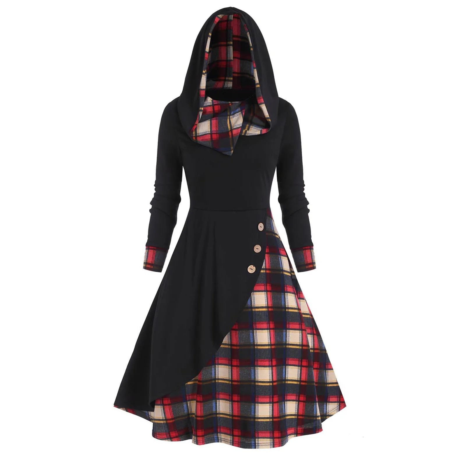 

Women Long Sleeve Plaid Color Block Splic Hoodie Casual Swing Loose Dress Ladies Spliced With Buttons Dress Pullover Dress