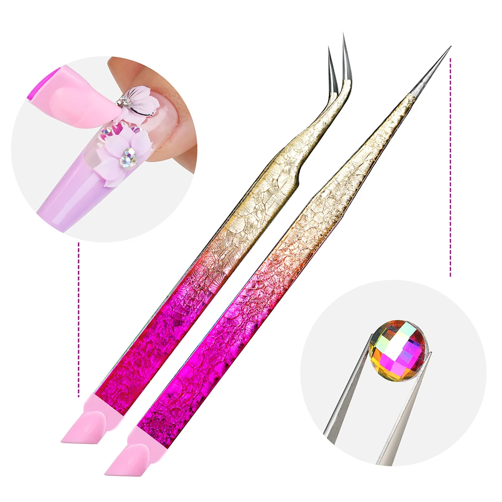 Double Ended Nail Art Pincet Roestvrijstalen Rechte Gebogen Tip Pincet Met Siliconen Drukkop Nagel Ambachten Picker Gereedschap