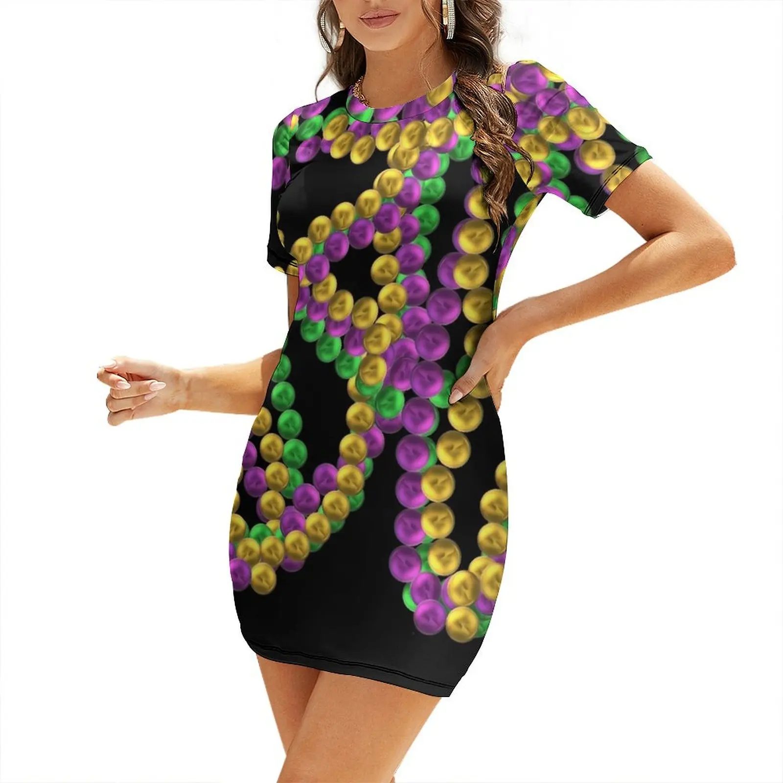 

Twisted Mardi Gras Bead Necklaces in Purple, Green and Gold (Black Background) Short Sleeved Dress cute dress Dress