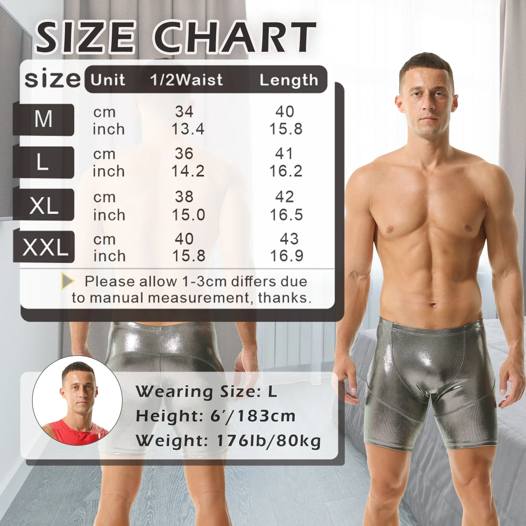 Mens Fashion Casual Slim Solid Color Shorts Sexy Metallic Oil Shiny Trunks Male Stretch Convex Pouch Skinny Short Pants Clubwear