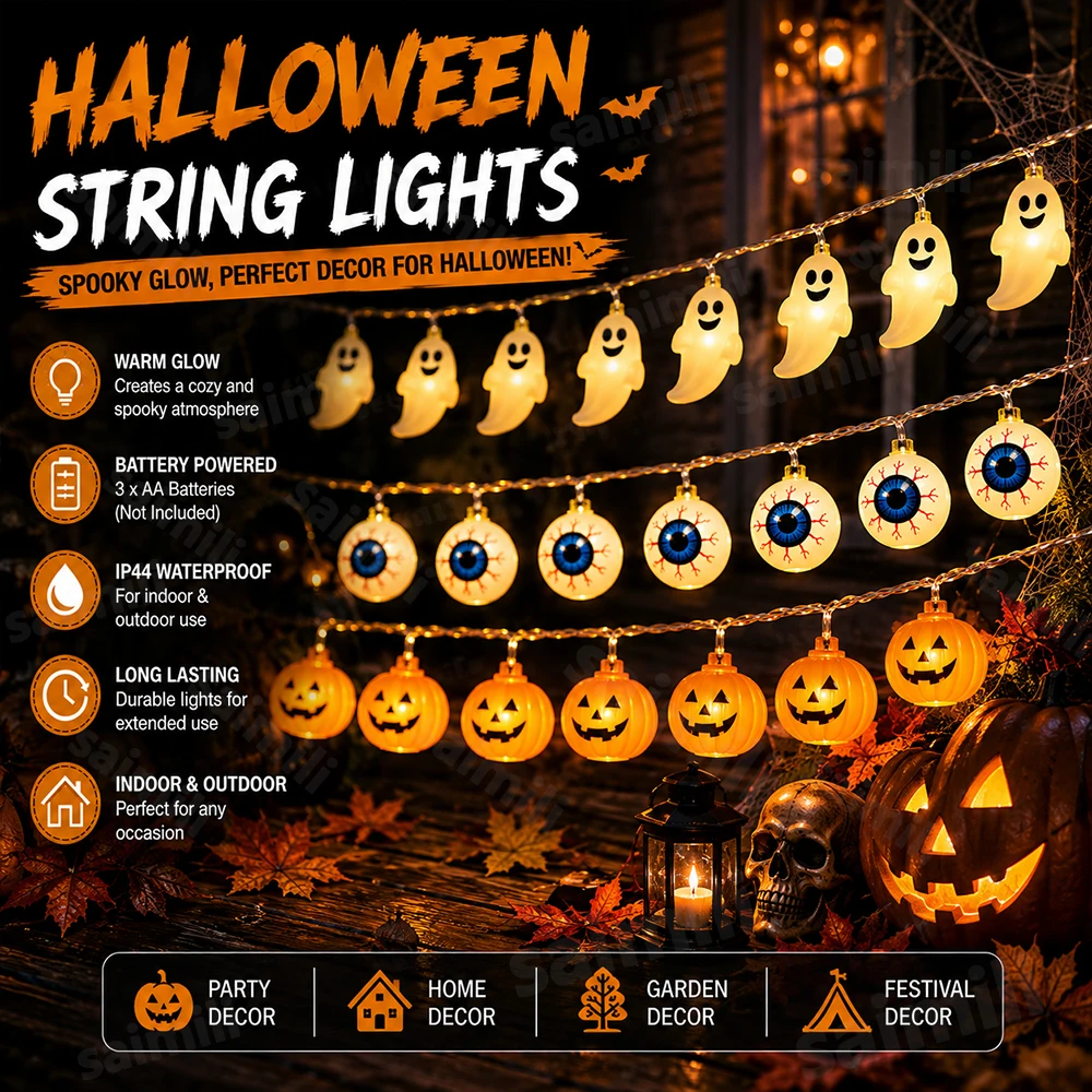 Halloween Yard Decor LED String Light Spooky Waterproof Battery Powered Warm Ambient Lamp For Home Holiday Party Decor