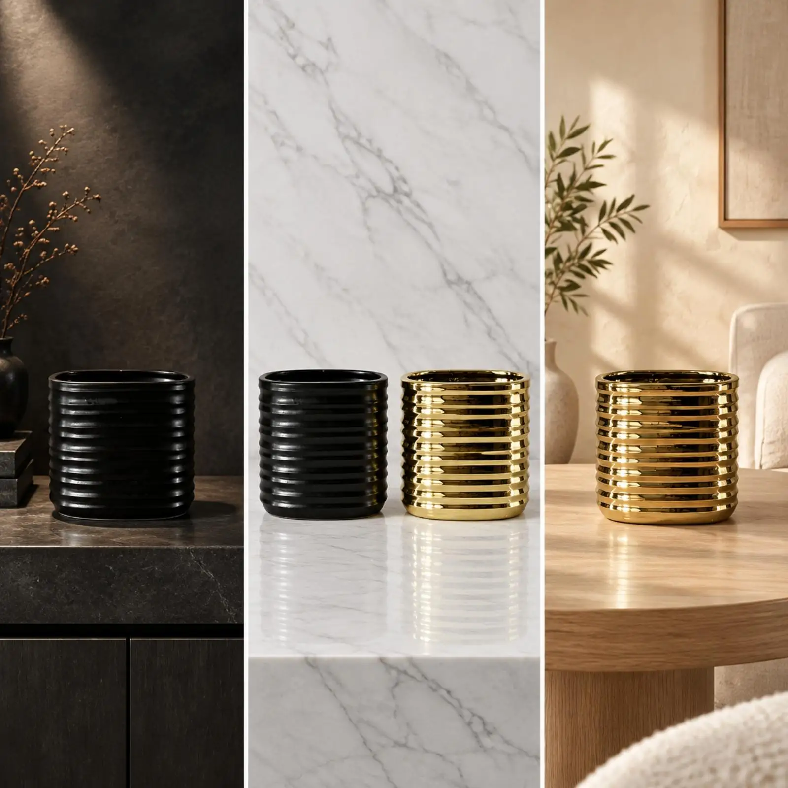 Decorative Ceramic Vase for Plants Indoor Tabletop Planter Textured Ribbed Flower Pot for Home Office Reception Area Decor