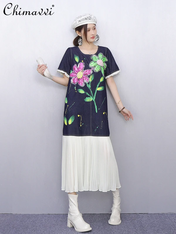 2025 ฤดูร้อนเสื้อผ้าชุดสตรีใหม่แฟชั่นหลวมขนาดใหญ่อุตสาหกรรมหนักลูกปัดเย็บปักถักร้อยElegantความยาวกลางเสื้อยืดชุด