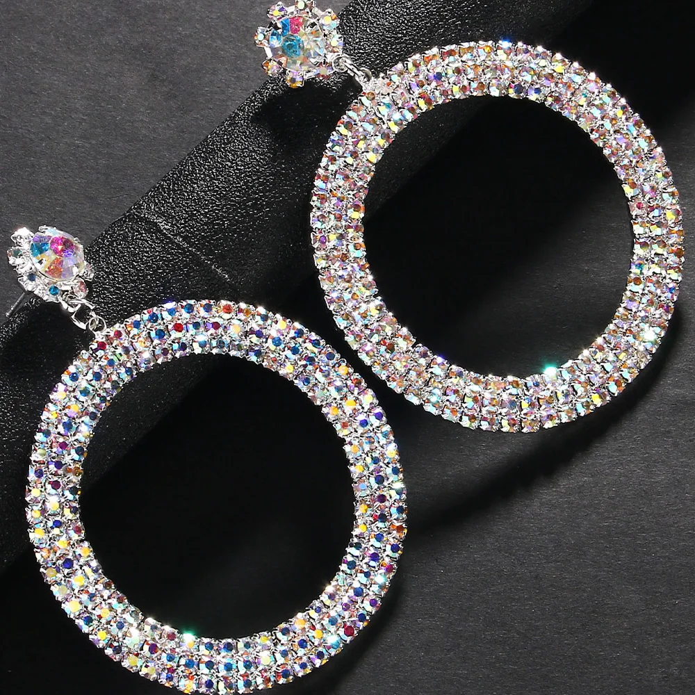 Stonefans ab Rhinestone Large Circle Pendant Earrings Jewelry for Women Statement Oversize Hoop Earrings Party Accessories