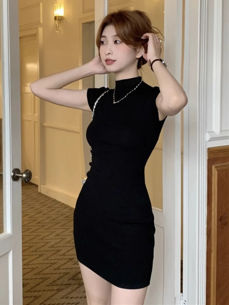 Women Dresses Sleeveless Solid Graceful Office Slim Noble Summer Mature Turtleneck Soft Abdomen American Style Formal Streetwear