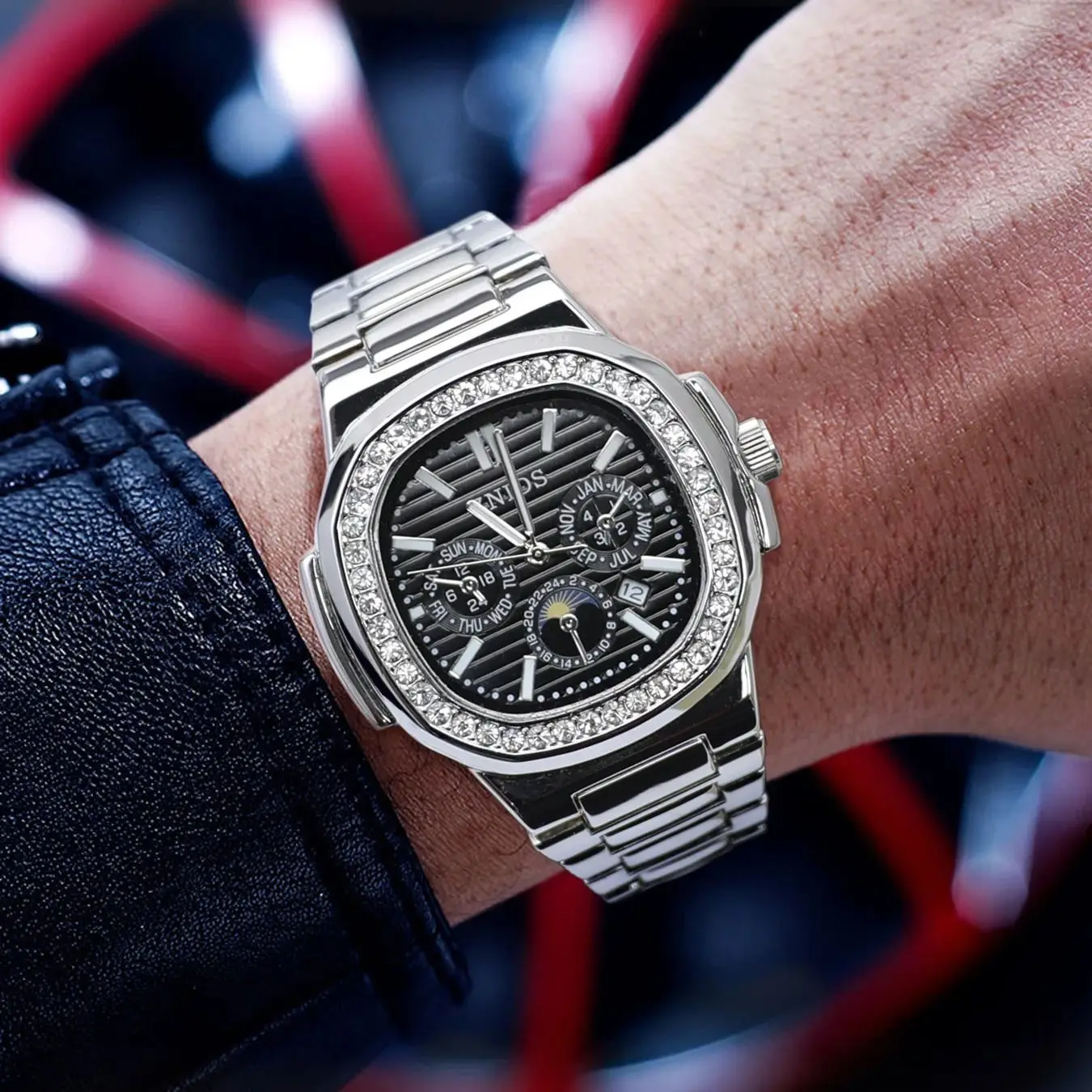 Квадратные мужские часы серии Nautilus, инкрустированные бриллиантами, дизайн скелета, водонепроницаемые, светящиеся, календарь, высокое эстетическое значение, легкая роскошь, модные, деловые, уникальные, универсальные, красивые, модные мужские наручные часы