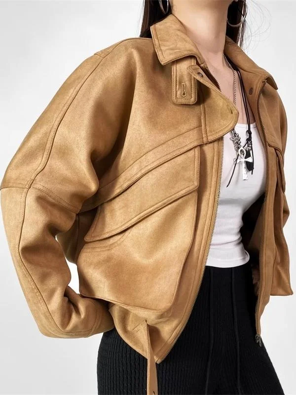 Keyanketian Cappotto versatile allentato da donna in pelle scamosciata retrò ort Jaet Hong Kong Sle Long Sve Chiusura con cerniera Colore