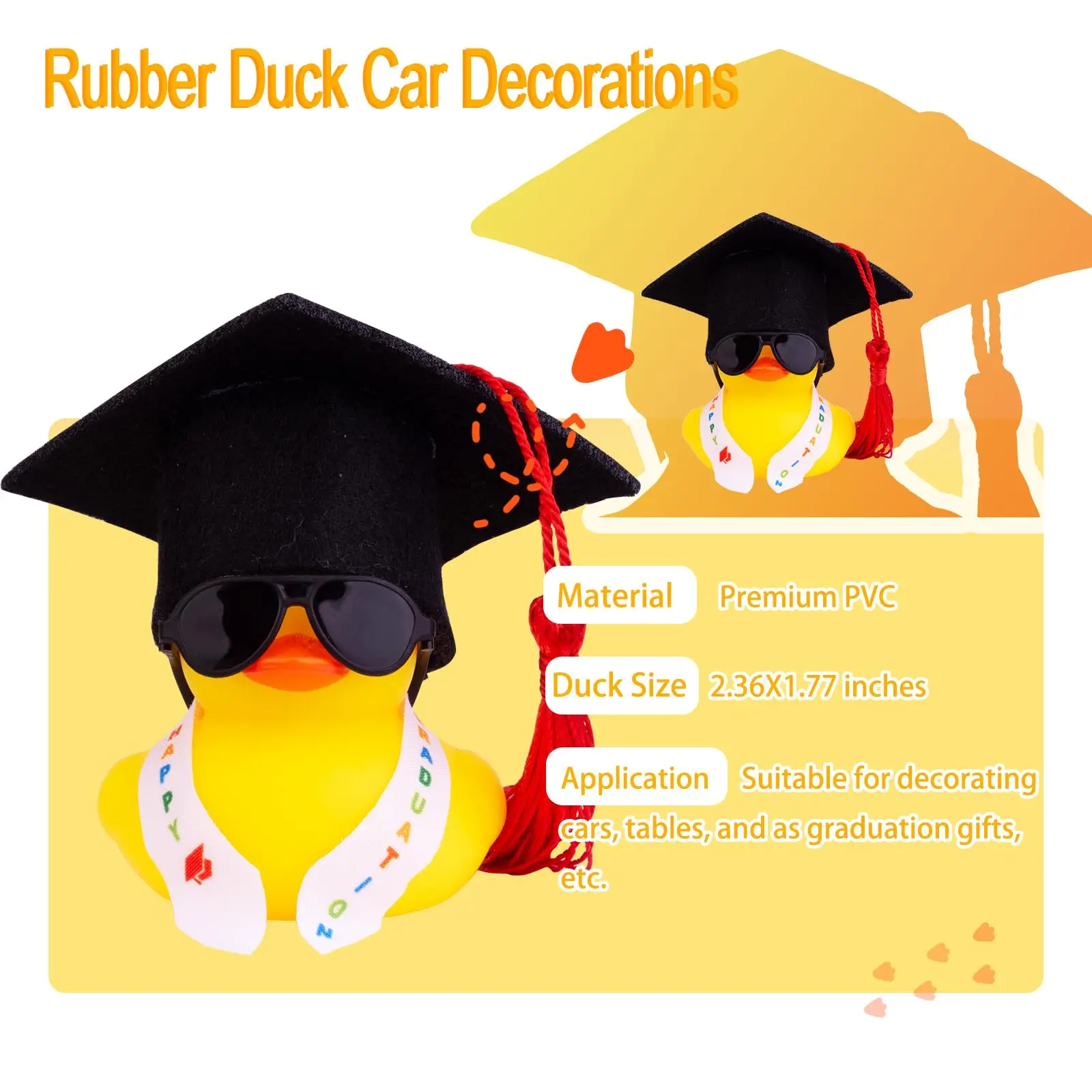 6/12/24 pcs Graduation Duck Car Ornament, Rubber Duck Car Dashboard Decor with Mini Graduation Hat Sash Sunglasses