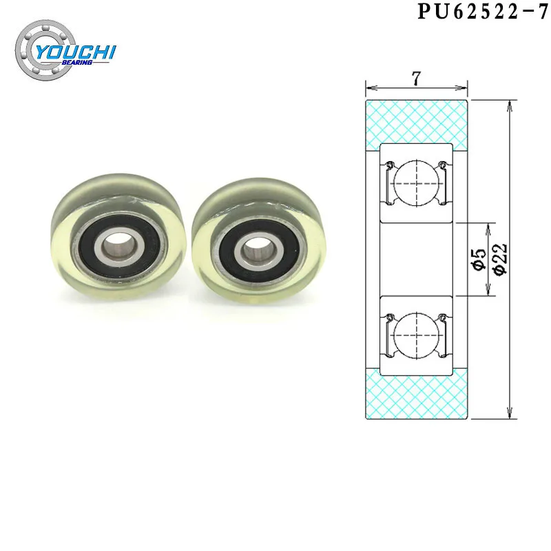 5pcs PU Coated Roller 5x22x7 With 625RS Bearing PU62522-7 Polyurethane Flat Guide Pulley 5*22*7 Plastic Bearing Wheel 22mm