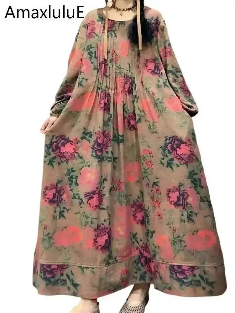 

Amax LuluE European Women Spring Floral Oversized Dress Fashion Loose Long Clothes Ladies Vintage Casual O Neck Printed Vestidos
