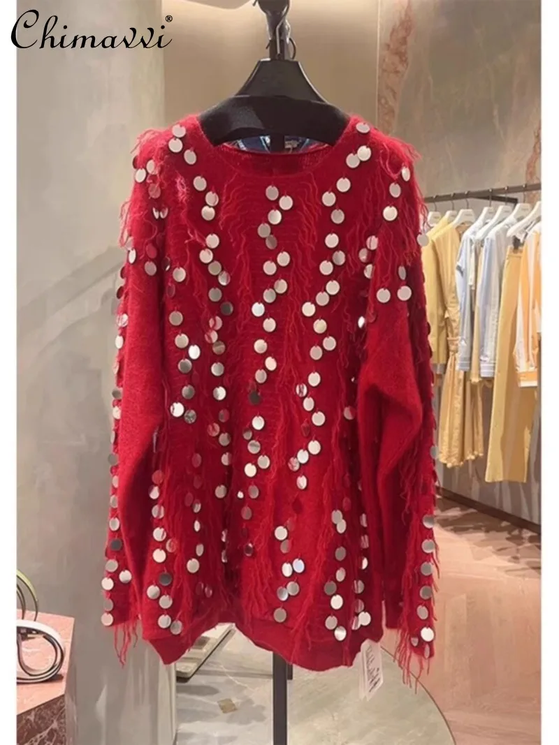 2024 Autumn and Winter New Lazy Wind Loose European Goods Heavy Industry Red Sequined Knitted Sweater Top For Women