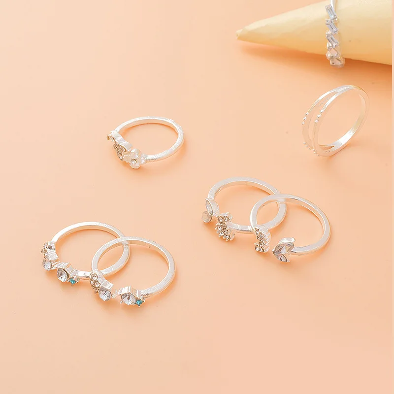 7-Piece set with adjustable opening, retro texture butterfly ring, trendy and beautiful, simple niche hollow design index finger