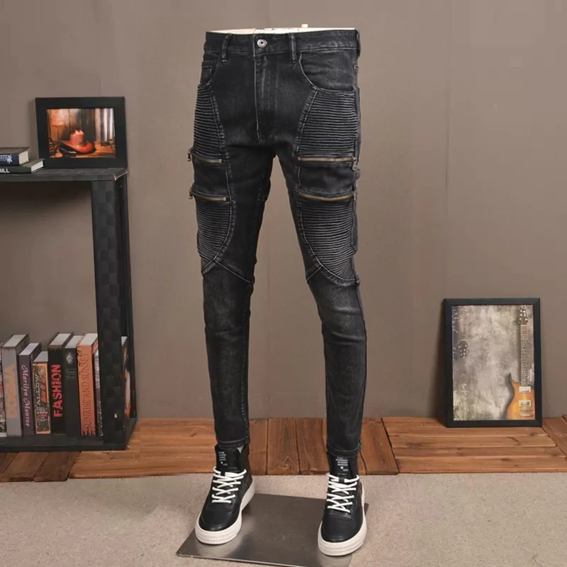 Streetwear Fashion Men Jeans Retro Black Gray Spliced Slim Fit Biker Jeans Homme Zipper Designer Stretch Hip Hop Pants Hombre