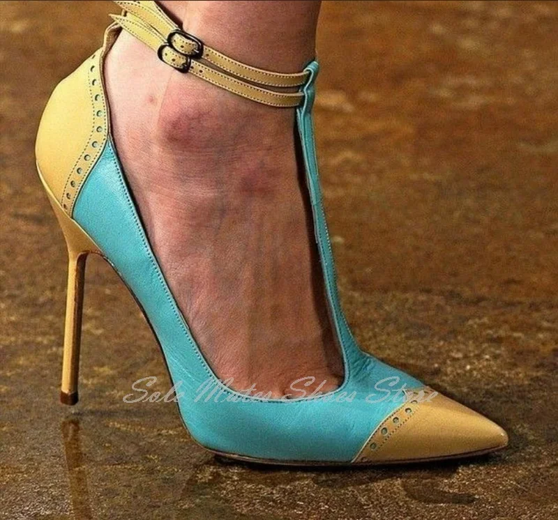 

Mixed Colors Lace Up Stiletto Heel Pumps Summer Stitching Ankle Double Buckle Sexy Women's Sandals Party Trendy Dress Shoes