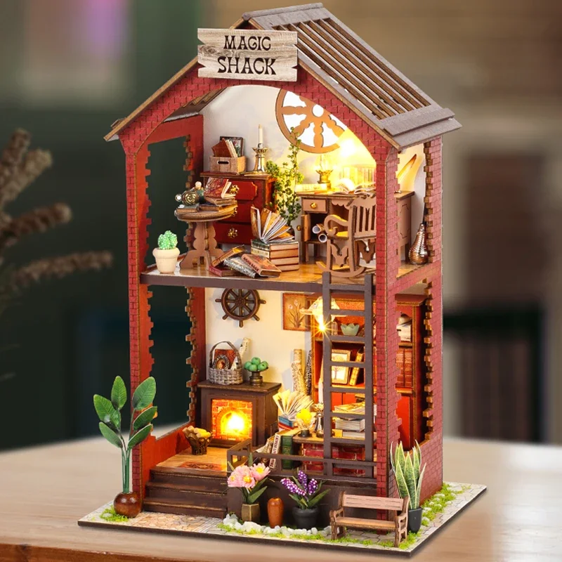 

Wooden Magic Shack Casa Dollhouse Miniature Items With Accessories and Furniture, LED Light, Christmas Gift