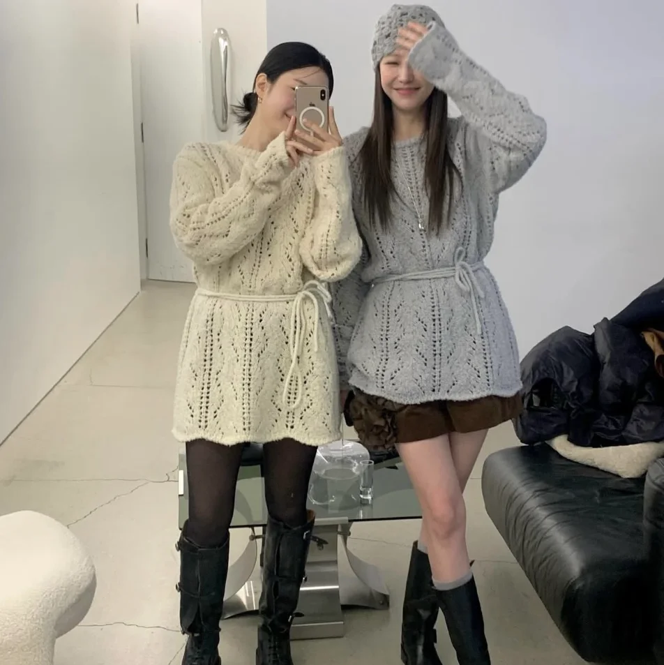 甘い透かし編みのロングニットセーター、ベルト付き、ゆったりとした通勤スタイル、女性用ラウンドネック、ロング丈、カラーニットトップス