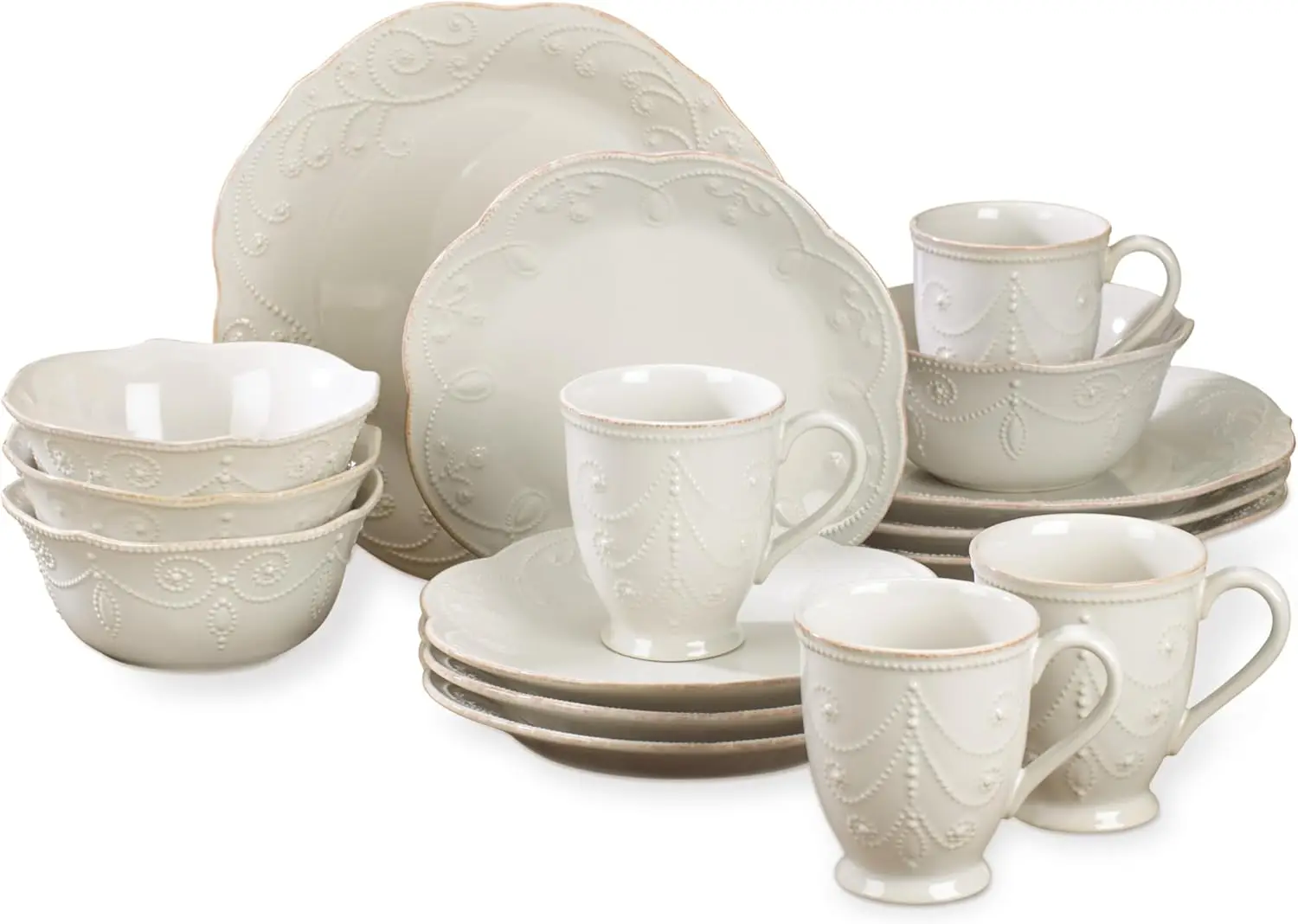 

French Perle White 16-Piece Dinnerware Set with Ruffles and Tea-Stained Finish for Elegant Dining