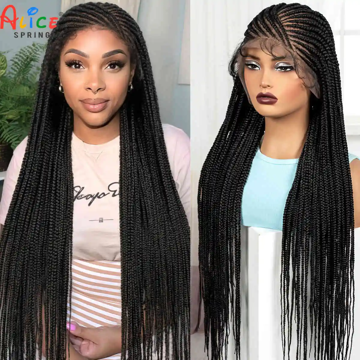 Wig Kepang Cornrow 34 Inci, Wig Renda Sintetis Alami dengan Rambut Bayi, Wig Kepang Tanpa Simpul untuk Wanita Kulit Hitam
