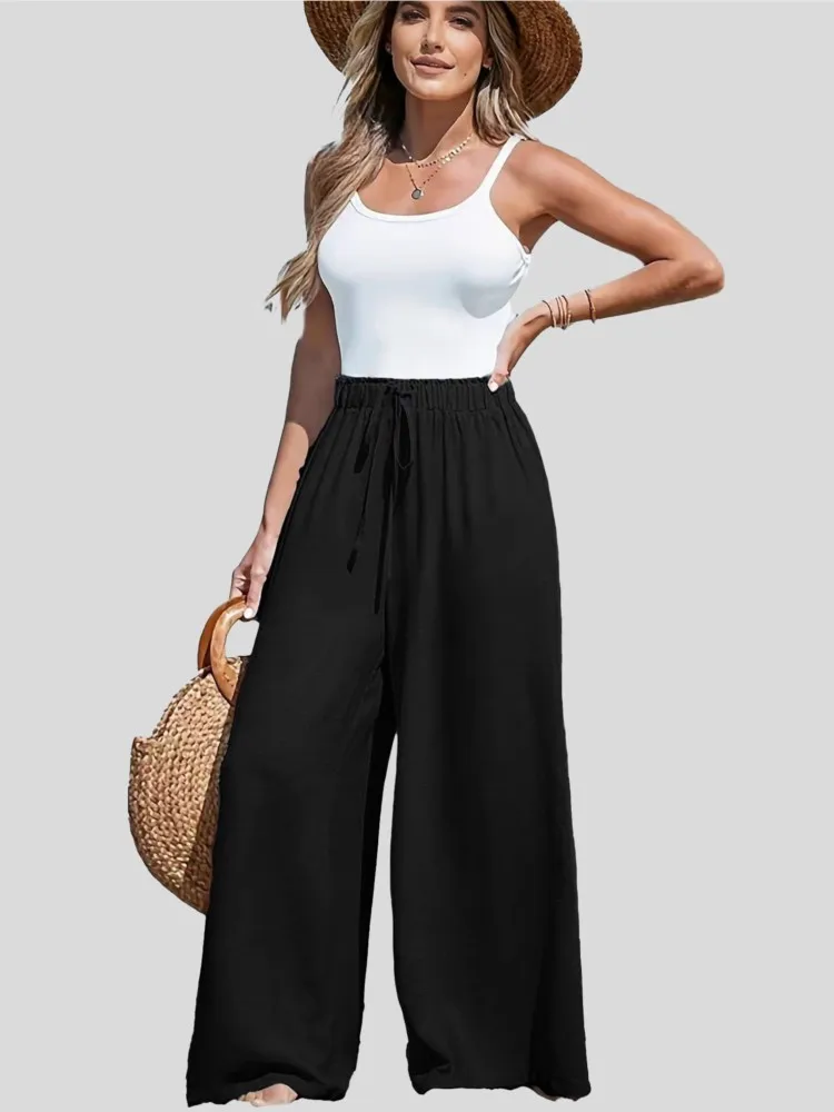 

Women's Trousers Fashionable Solid Color Rope Cotton Linen High Waist Loose Wide Leg Trousers 2026 New Trousers Spring Summer