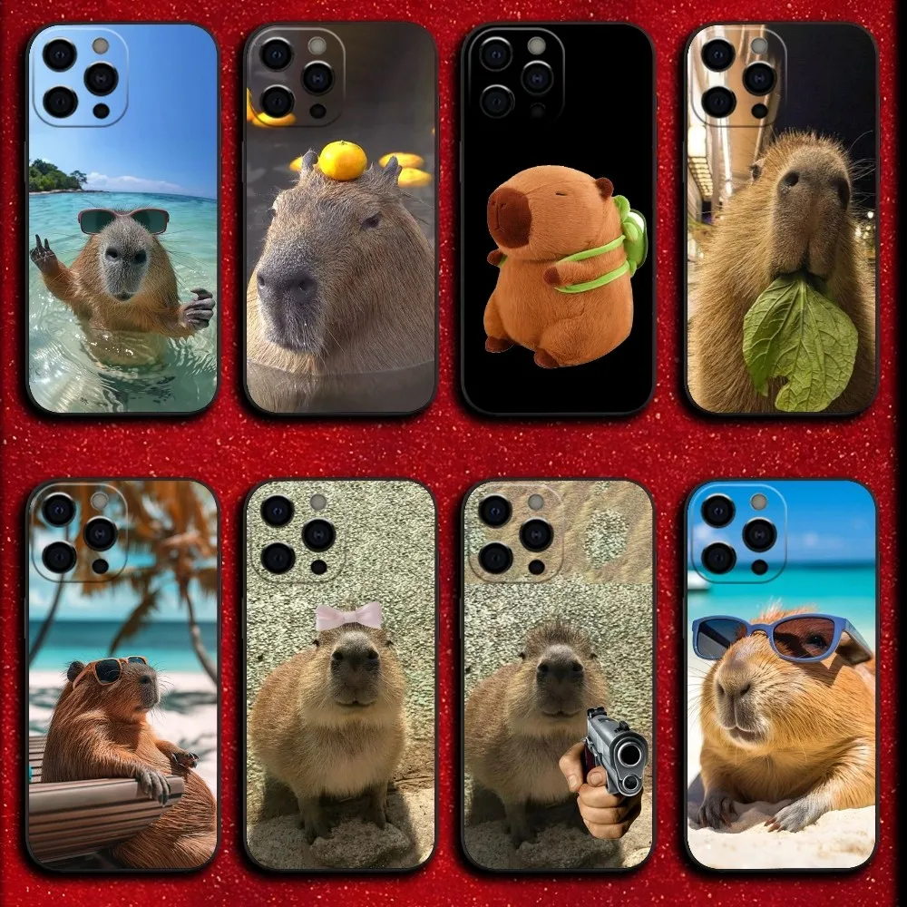 

Cute Pet Capybara Phone Case For iPhone 16,15,14,13,12,11,Pro,X,XS,Max,XR,Plus,Mini Soft Black Cover