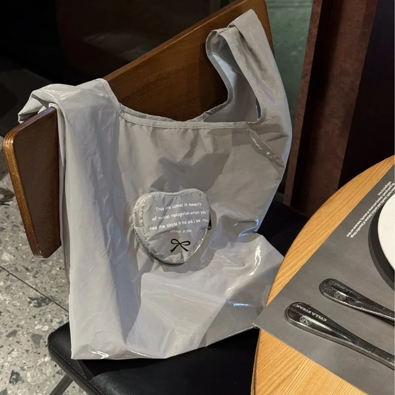 New Foldable Shopping Bag Silver Gray Heart Design Large Tote Shopper Bag Eco-Friendly Reusable Grocery Bag Portable Handbag