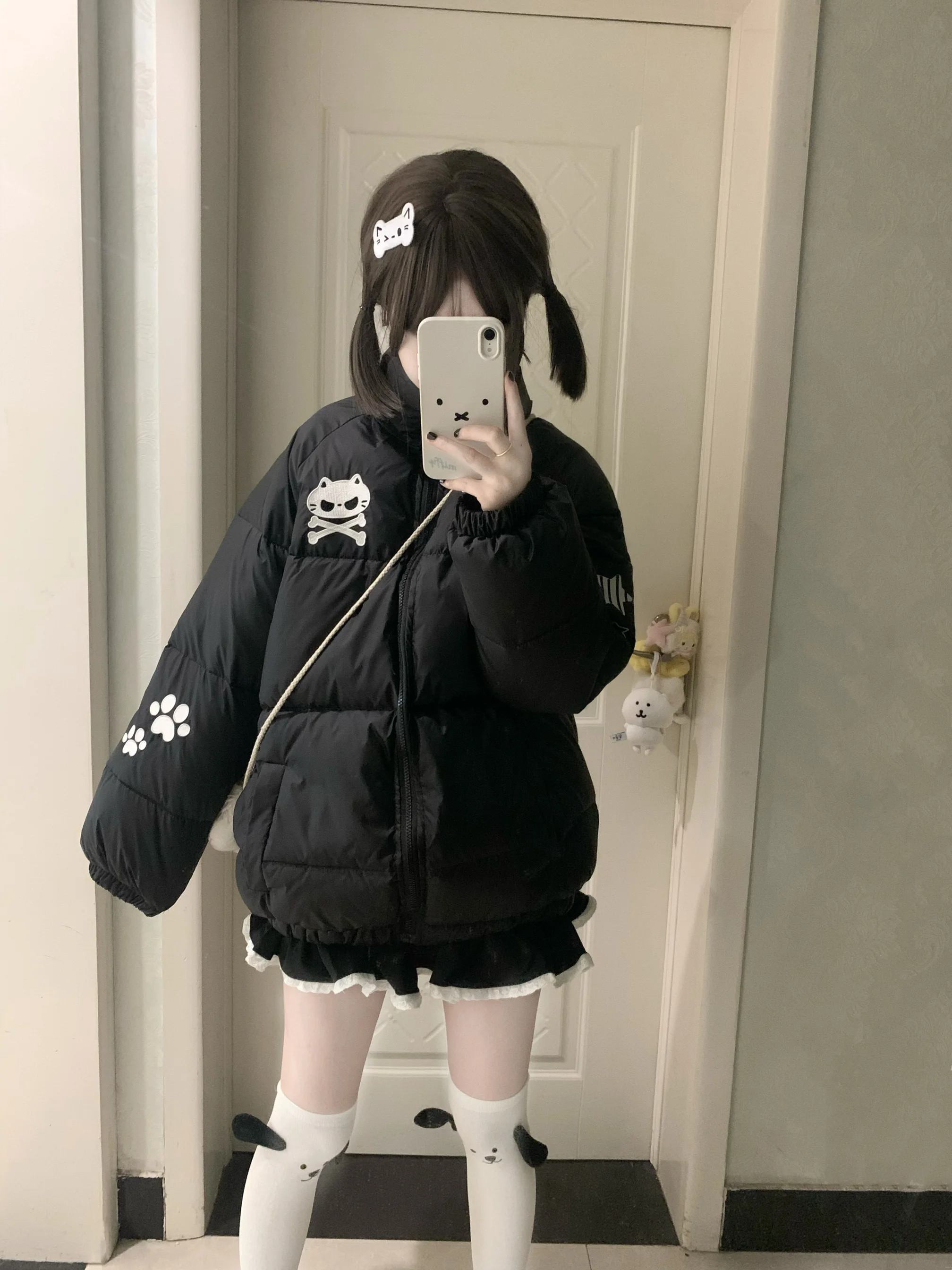 Original Japanese Style Black Parkas Warm Thickened Letter Embroidery Student Y2k Down Jacket Womens Cotton-padded Coat Winter
