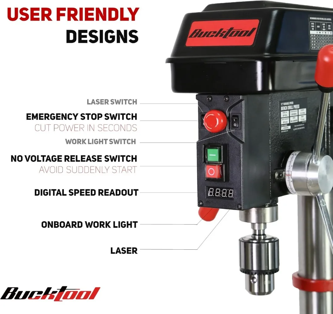 Prensa de broca de bancada profissional de 12 POLEGADAS 6,2A, 3/4HP poderosa, prensa de broca de velocidade variável com laser IIIA e luz de trabalho