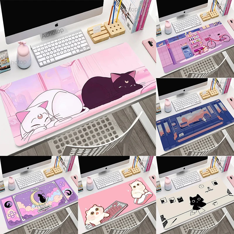 Tapis de souris pour ordinateur portable, mignon Kawaii, chats, tapis de bureau de jeu étendu, de haute qualité, rose, pour clavier de Gamer