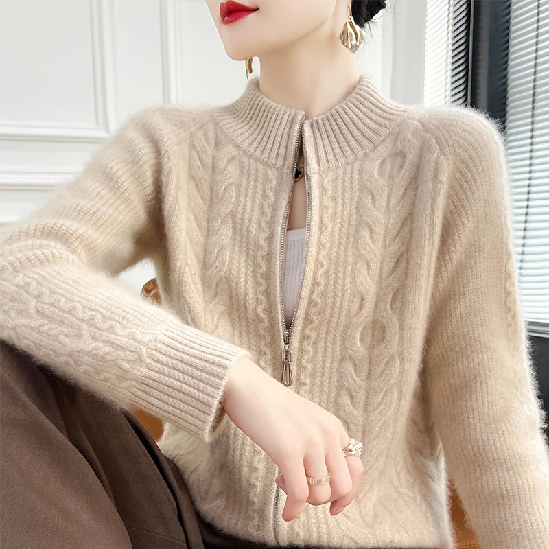 

Осенне-зимний толстый кардиган из 100% чистой шерсти, женский свитер с длинными рукавами и полувысоким воротником, свободный вязаный кардиган