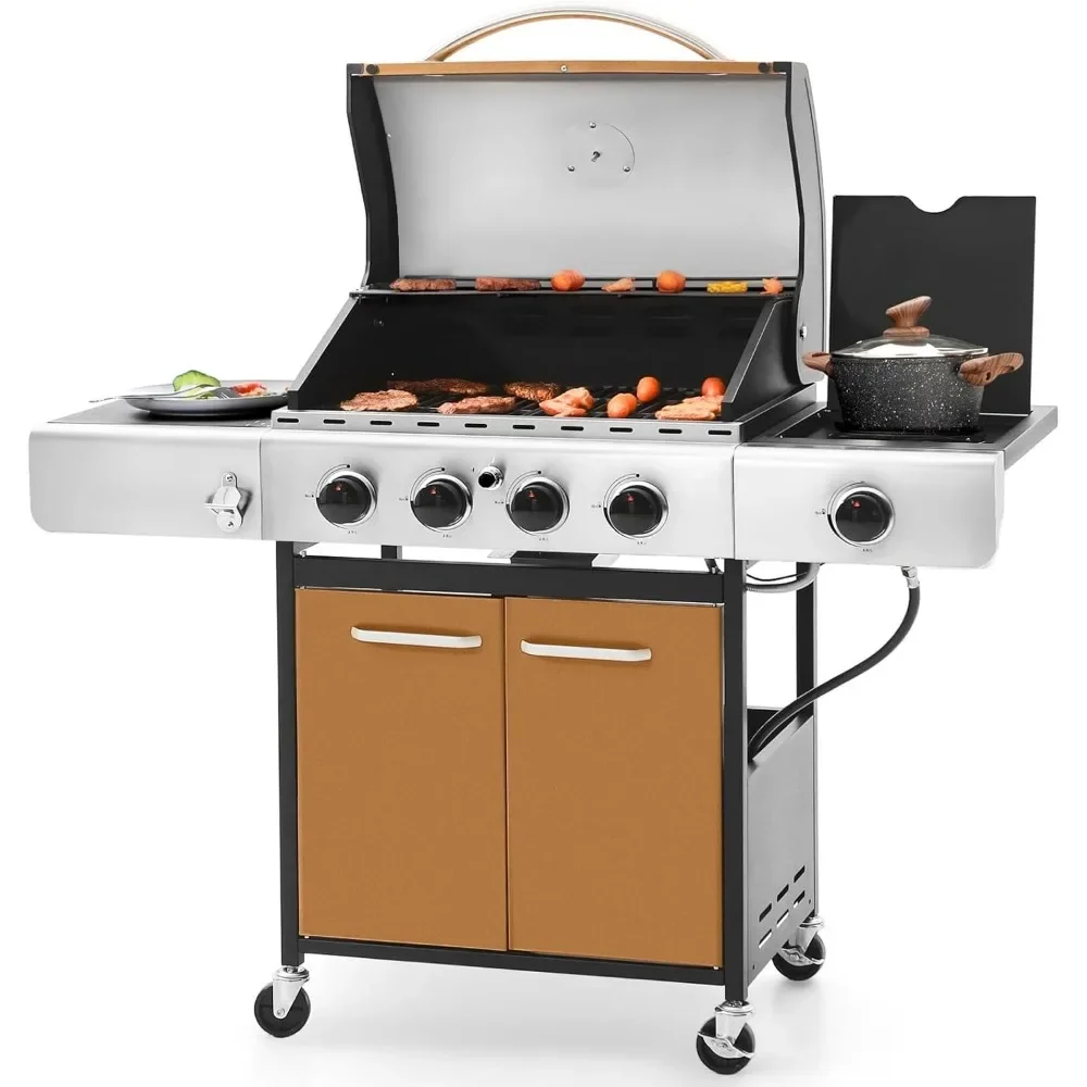

Burner Gas BBQ Grill with Side Burner and Porcelain-Enameled Cast Iron Grates, Propane Grills Outdoor Cooking Barbecue