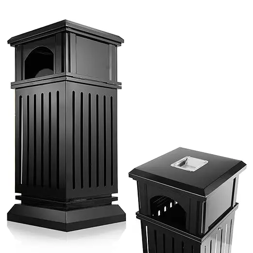 Commercial Trash Can with Lid, Black Outdoor Garbage Can for Patio, Side Opening Steel Square Commercial Waste Bin